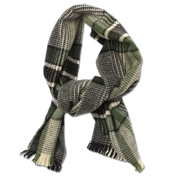 Vintage Plaid Wool Blend Winter Scarf Black Green Yellow Tassel - Picture 2 of 5